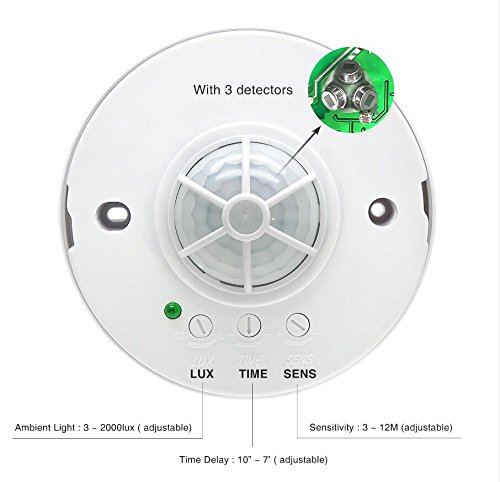 Sensky 360 degree Ceiling Mounted Occupancy Sensor Time delay, Sensor Distance and Light Sensor Adjustable Motion Sensor Switch with 3 detectors ( Max Detection Distance:12 M )