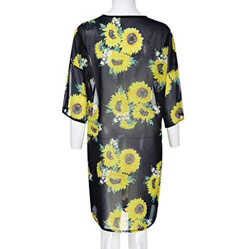 Women's Floral Print Sheer Chiffon Loose Kimono Cardigan Capes Black
