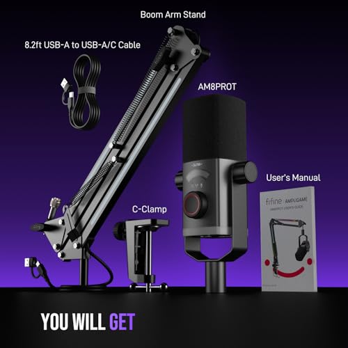 FIFINE AM8 Upgradation Gaming Microphone with RGB Boom Arm for Streaming, Podcast, XLR/USB Dynamic Mic with Mix Control, Tap-to-Mute for PC/Computer/Laptop/Mac/Audio Mixer Recording - AM8PROT
