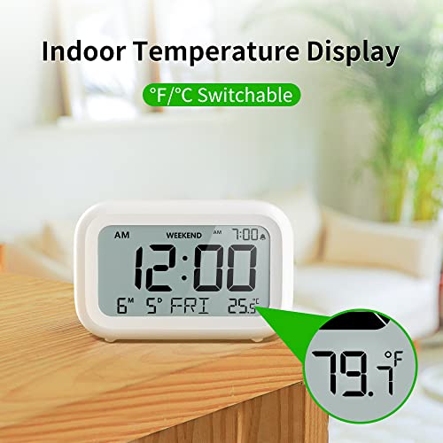 DOOMAY Digital Alarm Clock Bedside - Battery Powered Clock with LCD Display Volume Adjustable Snooze and Weekend Mode for Bedroom Office Desk Travel (White)