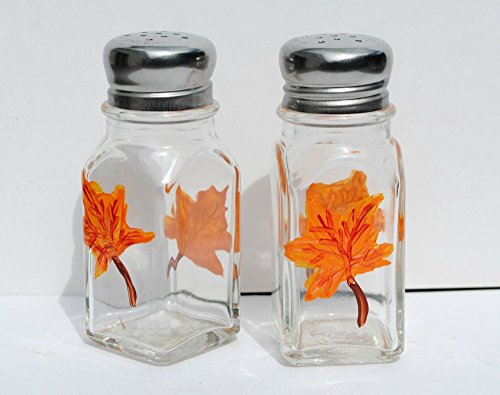 Autumn Orange Maple Leaf Fall Glass Salt & Pepper Shakers Set Hand Painted - Thumbnail 2