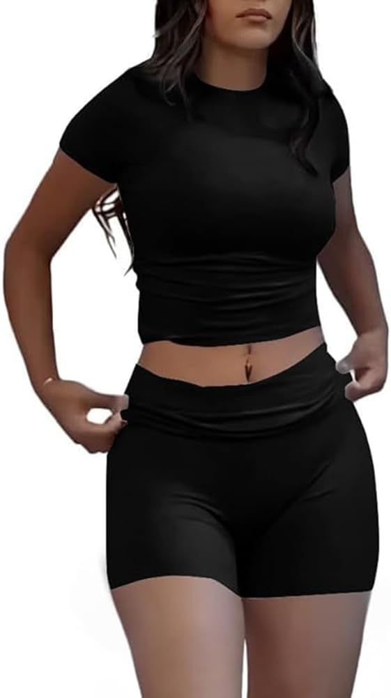 Photo 1 of ZFLM Casual Workout Two Piece Outfits for Women Short Sleeve Crop High Waist Fold over Shorts Tracksuit Sets Streetwear - XL