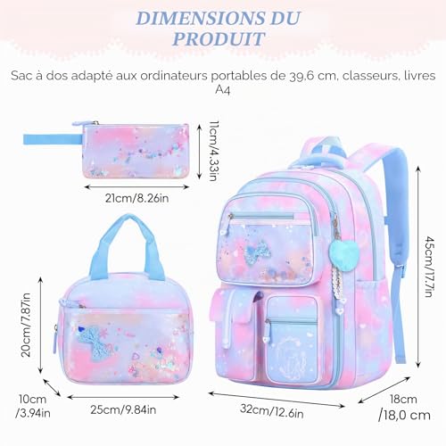 Amythe Kawaii 3-Piece Primary Girl's Backpack Set, School Bag, School Bag for Girls, College Lightweight for CP CE CM 6-12 Years L-Blue