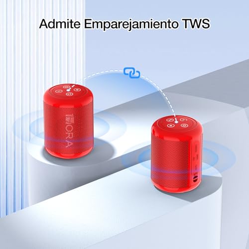 1 Hora Bocina Bluetooth Portátil 5W, Mini Bocina Inalámbrica con USB-C, Radio FM, TWS, USB/TF/AUX, Manos Libres, Batería 1500mAh, Bocina Pequeña para Viaje, Oficina y Casa, Rojo