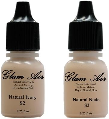 Two(2) Glam Air Airbrush Foundation Makeup S2 Natural Ivory &amp; S3 Natural Nude in Satin Finish 0.25oz Bottles(normal to Dry Skin)