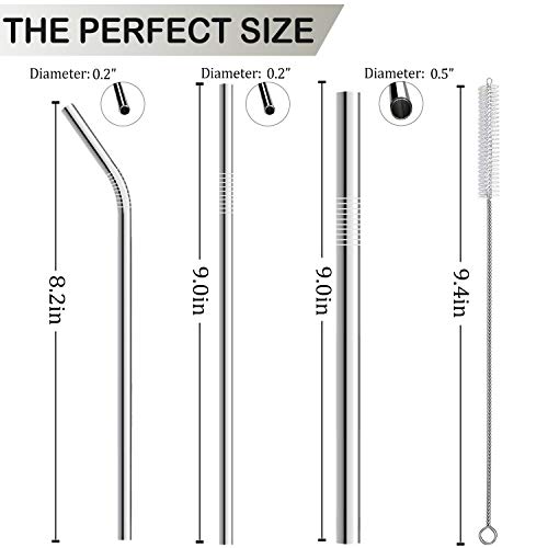 Stainless Steel Straws,RUCACIO Smoothie and Cocktail Straws Portable and Reusable,Gift Wrap Available,6 Metal Drinking Straws 8.5inches with 2 Brushes,Set of Gift for Friend (6 stainless steel straws)