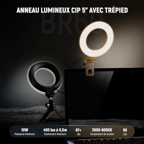 Basics Ring Light 5" avec Mini Trépied pour Vidéoconférence,Kit Streaming à Clipser pour Moniteur,Webcam,Ordinateur Portable Maquillage Selfies Enregistrement Vidéo Chiffon Nettoyage, BR60