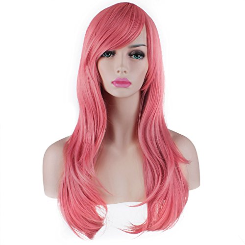 AKStore Women's Heat Resistant 28-Inch 70cm Long Curly Hair Wig with Wig Cap, Pink