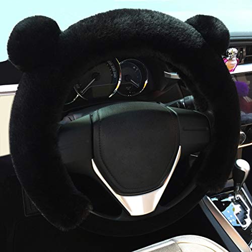 Cxtiy Universal Fluffy Steering Wheel Cover Fashion Cute Cartoon Shape Winter Car Warm Covers for Women Girls (15 inch, Black)