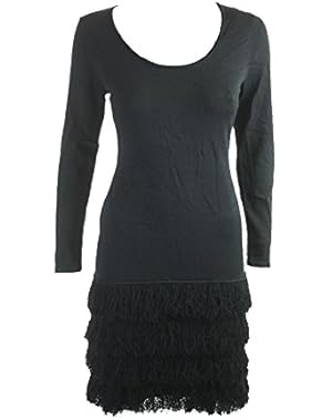 Calvin Klein New Black Long-Sleeve Fringed-Hem Dress S