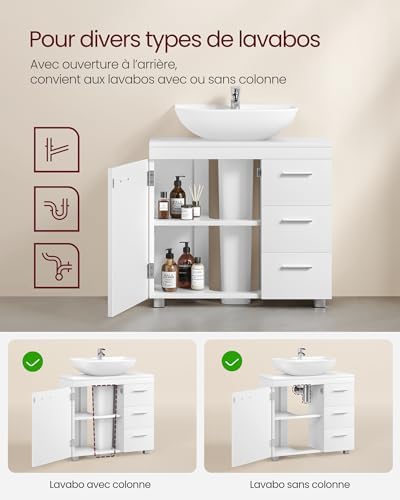 Meuble sous Lavabo, Meuble de Salle de Bain, 3 Tiroirs Latéraux, 2 Cases Derrière la Porte, pour Lavabos sur Colonne, avec Pieds, 30 x 70 x 64 cm, Blanc Nuage BBK504W01