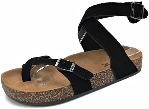 Womens Slip On Ankle Wrap Cork Sole Slide Sandal With Buckle, Black PU, 9