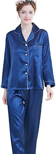 VlSl Women's Satin Sleepwear Two-piece Long Sleeve Pajama Set with Long Pjs Pants (Large, Blue)