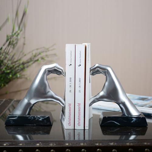 HAUCOZE Soporte de Libros Sujetalibros, Corazón Mano Escultura Decoración Moderna Arte Interior Estatua Hogar Regalo para Salón Oficina Comedor Plata 31cm
