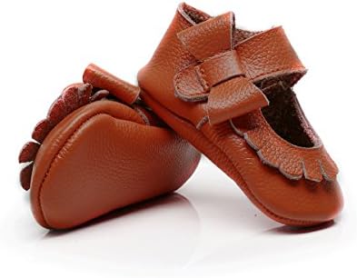 R&amp;V 0-24M Infant Girls Moccasins 100% Real Leather Soft Sole Bowknot Toddler Girl Shoes Princess Firstwalkers (Inner Length: 10cm(0-3M), Coffee)