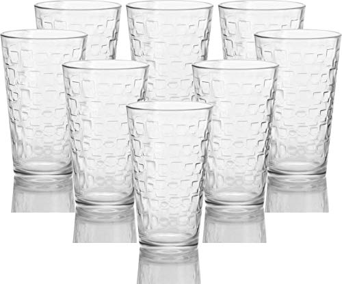 Clear Drinking Glasses Set of 8 | Real Glassware with Heavy Base | 8 Highball Drinkware Tumbler Set For Water, Whiskey, Cocktails | Best Kitchen Gift - Thumbnail 7