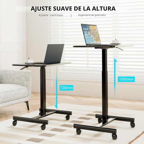 BONTEC Mobile Standing Desk 65 x 48 cm with 4 Swivel Wheels, Height Adjustable, Bed Table, Portable Desk for Office and Living Room, Multifunctional Table with Wheels for Bedroom
