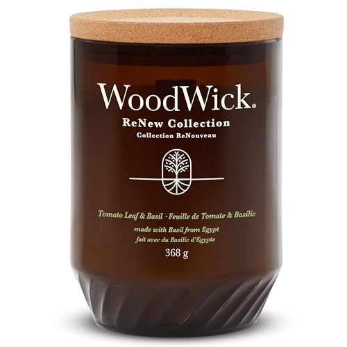 WoodWick Renew Scented Candle with Crackling Wick | Tomato Leaf & Basil Medium Candle | Plant Based Soy Coconut Wax Blend | Made with Recycled Materials | Perfect Gifts for Women