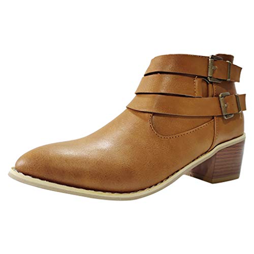 Aunimeifly Women's Short Boots Ladies Vintage Pointed Toe Rome Ankle Boot Casual Mid Heel Shoes Brown