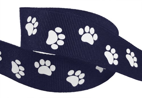 HipGirl Brand Printed Grosgrain Ribbon, 5 -Yard 7/8-Inch School Spirit Paw Prints, Navy/White