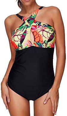fuuoll Womens Plus Size Floral Cross Criss One Piece Swimsuit(S-3XL)