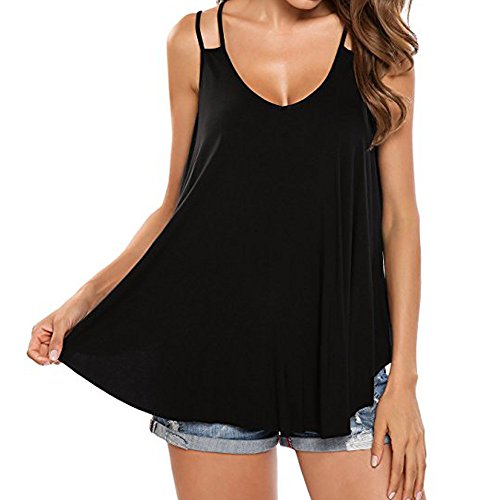 Women's Summer Sleeveless Pleated Back Closure Casual Tank Tops Blouse Shirt Casual Flare Tunic Tshirt Tee Black