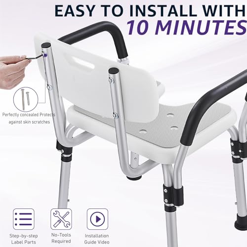 KSITEX Shower Chair for Elderly U 6 Height Adjustable Stool Armrests, Aluminium Bathtub Chair with Non-Slip Seat for Indoor Shower, Non-Slip Safety up to 150 kg