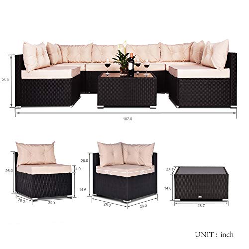 Amooly 7 Pieces Patio PE Rattan Sofa Set Outdoor Sectional Furniture Wicker Chair Conversation Set with Cushions and Tea Table