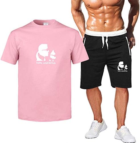 WEY Sports Shorts Karl Lagerfeld Cartoon Printed Sportswear Suit Casual T-Shirt Sweatpants 2-Pieces Set Fitness Running Clothes High-Quality Materials/Pink/M