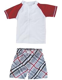 SwimZip Boy Short Sleeve Rash Guard 2 Piece Swimsuit | Surfer Dude Red 0-3 Month