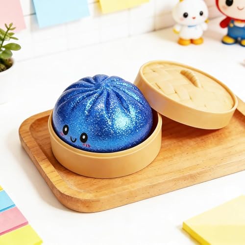 Glitter Dumpling,Blue Glitter Dumpling Squishies Box,Squeeze Dough Ball Stress Relief Hand Toys with Food Steamer Stretchy Desk Toys for Adults(Blue) (1)