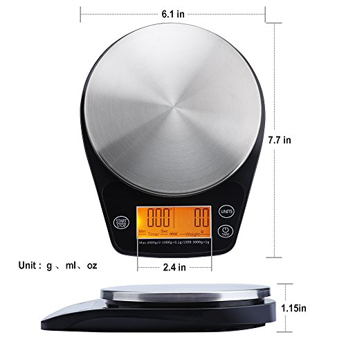 ERAVSOW Coffee Scale with Timer, Digital Hand Drip Coffee Scales,Stainless Steel Kitchen Food Weight Scale with Precision Sensors LCD Display & Hanger Hole 6.6lb/3kg (Batteries Include)