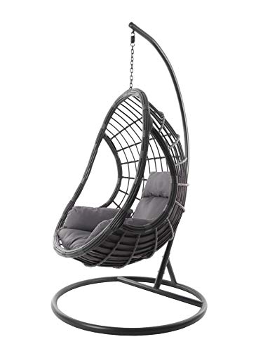 Kideo Komplettset: Grauer Hängesessel mit Gestell & Kissen, Schwingsessel, Poly-Rattan, Loungemöbel, Lounge anthrazit – Bild 3