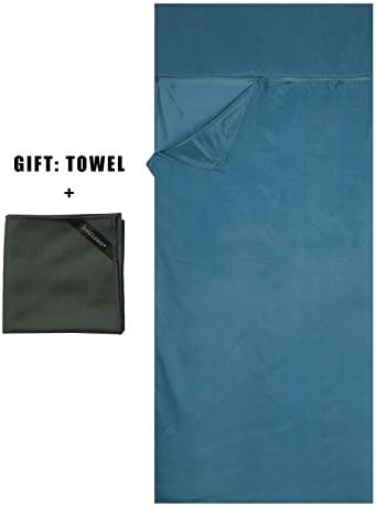 Emins Outdoor Silk Sleeping Bag Liner Single Compact NaturalSleepsack Rectangle Sheet Liner with One Towel, Turq