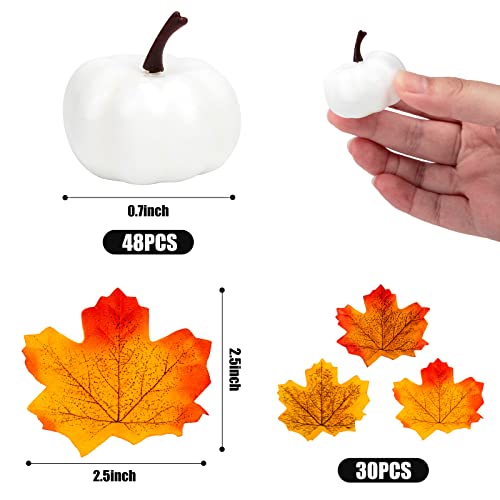 HAKACC Artificial Pumpkins, 48 PCS White Fake Pumpkins Lifelike Faux Pumpkins Mini Pumpkins with Maple Leaves for DIY Crafts Halloween Thanksgiving Fillers