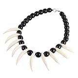 HZMAN Real White Wild Boar Tusks Wood Beads Necklace, Prehistoric Caveman Tribal Necklace