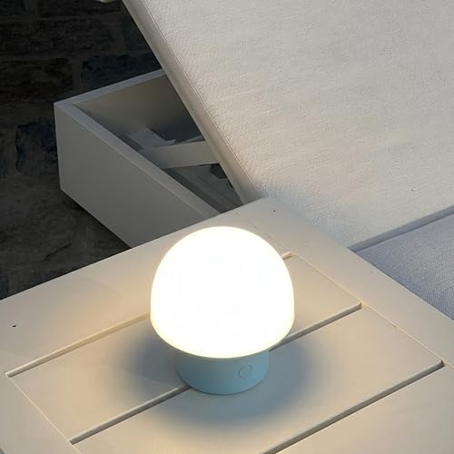 Brightech Portobello Cordless 7" Touch Table Lamp - Small Dimmable Outdoor Mushroom Light for Camping & Side Tables - Modern Rechargeable Portable Bedside Light for Desk Bedroom, Nightstand - Blue at Amazon