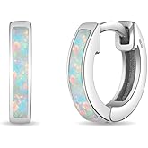 925 Sterling Silver Simulated Opal Inlay Huggie Hoop Earrings For Little Girls and Preteens 8mm - Glittering Simulated Opal Earrings For Young Girls - Cute Huggie Earrings For Kids