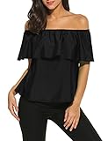 Sherosa Women's Off Shoulder Ruffles Solid Casual Blouse Loose Tops (L, Black)