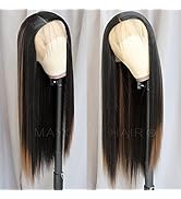 Maycaur Long Straight Highlights Wig 24 Inch Synthetic Lace Front Wigs for Fashion Women Black Bl...