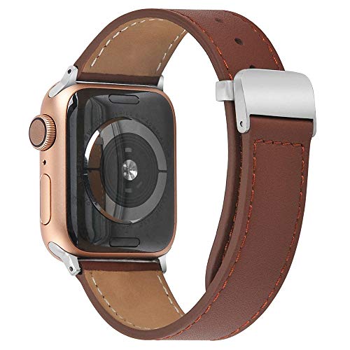 hooroor Leather Bands Compatible Apple Watch Band 38mm 40mm Accessory Replacement Wristband Sport Strap for Iwatch Nike+, Series 4 3 2 1, Edition, Stainless Steel Metal Buckle (Brown-38 mm 40mm)