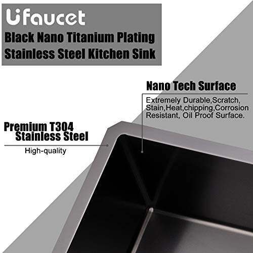 Ufaucet Commercial 32 Inch Extremely Durable Black Nano Titanium Plating T304 Stainless Steel Kitchen Sink,16 Gauge Undermount Single Bowl Handmade R10 Kitchen Sinks Includes Drain and Grid - Thumbnail 2