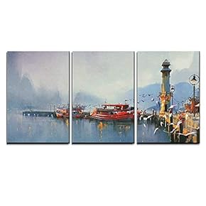 3 Piece Canvas Wall Art - Fishing Boat in Harbor at Morning,Watercolor Painting Style - Modern Home Art Stretched and Framed Ready to Hang - 16"x24"x3 Panels