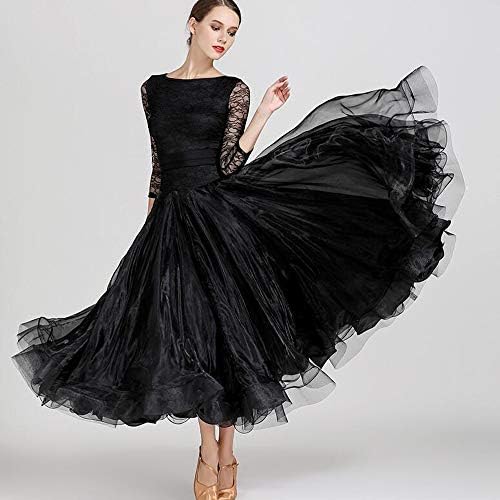 女性ダンスドレス黒レース長袖スカート弾性ベルトオーガンザスプライシングクリスマスパーティープロム7
