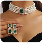 Octwine Boho Gold Silver 1920s Layered Pearls Necklace Earrings Set for Women Trendy Retro Black Necklace Dainty Bride Wedding Rhinestones Pearls Necklace Earrings Set for Women