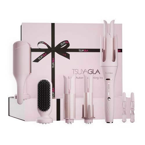 5 in 1 Auto Curling Iron Set with Interchangeable Barrels - 1", 1.25", 1.5" Curling Wand, Hair Crimper & Straightening Brush, Rotating Ceramic Curler, 3 Temp, Dual Voltage, Anti-Scald, Pink