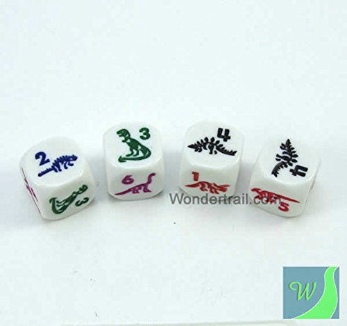 WKP00477E4 Dinosaur Dice D6 White Opaque with Multi-Color Dinasaurs 16mm (5/8in) Set of 4 Dice Koplow Games