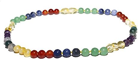 Genuine Baltic Amber &amp; Gemstone Necklace, ADHD, Anti-Inflammatory, Arthritis &amp; Muscle Pain Relief - (Rainbow Gemstone, 18in)