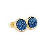 JAB 8mm Round Natural Agate Titanium Druzy Stud Earrings Gold Plated Copper Drusy Jewelry