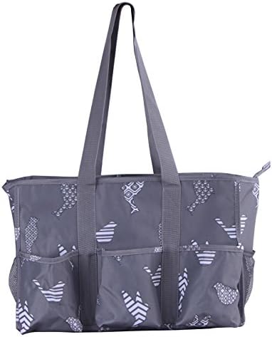 7-Pocket Tote Bag With Zipper (Gray Birds)